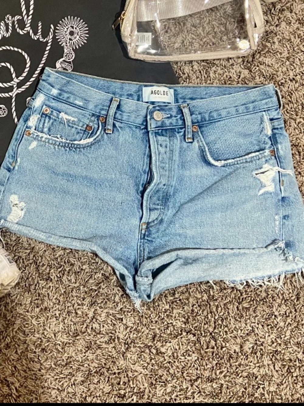 Agolde Washed Light Blue Distressed Denim Shorts